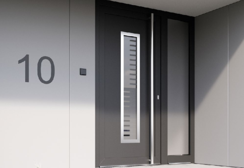 Aluminum Haustuer in grau Struktur und Edelstahlgriffen